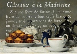 Lienzo. Bodegón con té y dulces de Albert Anker (1873) y receta de 'gâteaux à la Madeleine' (1755).