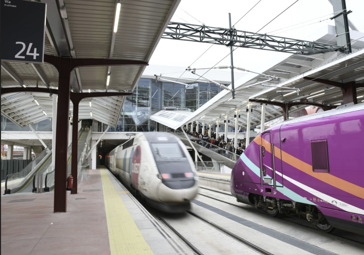 Dos trenes en la estación de Chamartín.