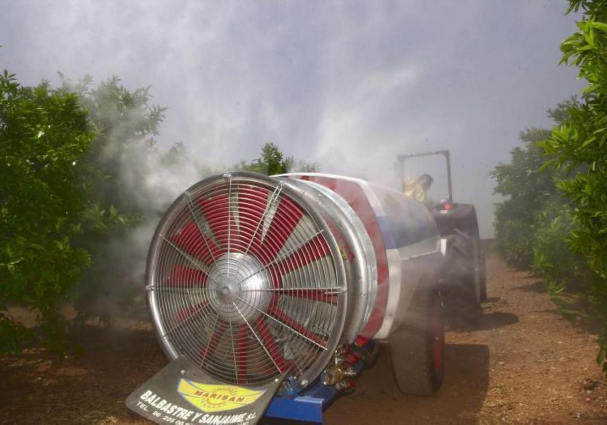 Plaguicidas. Un agricultor aplica un tratamiento fitosanitario en un campo de naranjos con un turboatomizador.