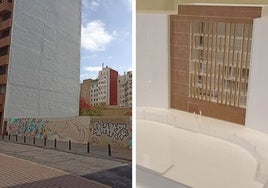 Estado actual del solar y maqueta expuesta de cómo será el centro de salud.