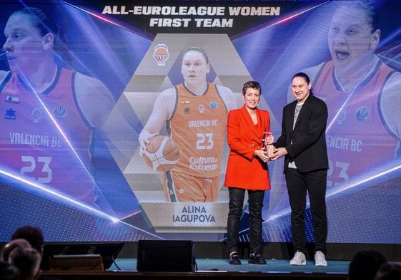 Elisa Aguilar entrega a Alina Iagupova el galardón como integrante del primer quinteto de la Euroleague Women 2024-2025.