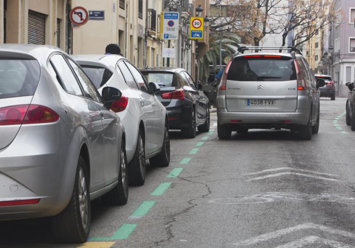 Un coche aparca en la zona verde del barrio del Botànic.
