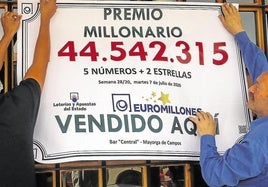 Dos afortunados ganadores del Euromillones cuelgan el cartel con el premio.