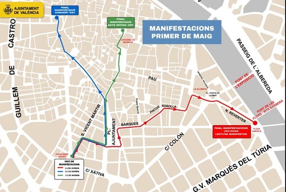 Recorridos de las manifestaciones del 1 de mayo en Valencia.