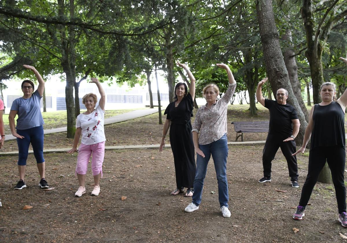 Un grupo de personas practicando taichí al aire libre.
