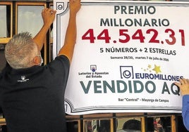 Dos afortunados ganadores del Euromillón cuelgan el cartel con el premio obtenido