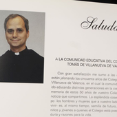 La página con las palabras del entonces prior general de los Agustinos, Robert Francis Prevost, dirigidas al colegio de la calle Albacete de Valencia.