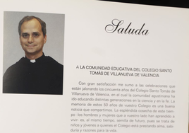 La página con las palabras del entonces prior general de los Agustinos, Robert Francis Prevost, dirigidas al colegio de la calle Albacete de Valencia.