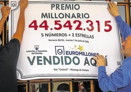 Dos ganadores de un premio de Euromillones cuelgan un cartel. Imagen de archivo.