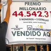 Una pareja ganadora de un premio de Euromillones cuelga un cartel.