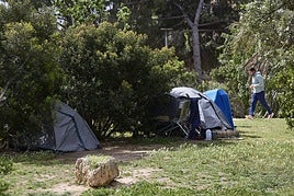 Tiendas de campaña entre vegetación del jardín del Turia, en imagen de archivo.