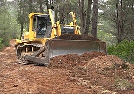Un bulldozer en plena reparación de una pista forestal en Chiva.