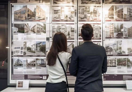 Una pareja mira anuncios de pisos en una inmobiliaria.