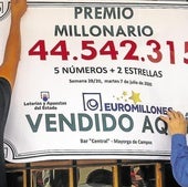 Dos afortunados ganadores del Euromillón cuelgan el cartel con el premio obtenido, en una imagen de archivo.
