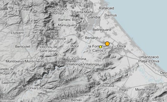 Epicentros de los dos terremotos registrados en la comarca de la Safor.
