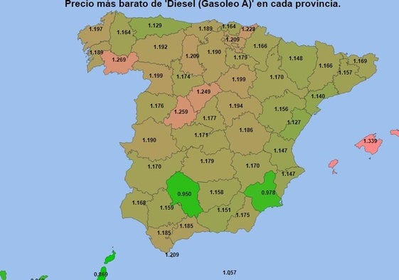 Precio mínimo del gasóleo A en España este primera semana de junio.