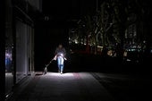 Una mujer pasea a su perro durante el apagón.