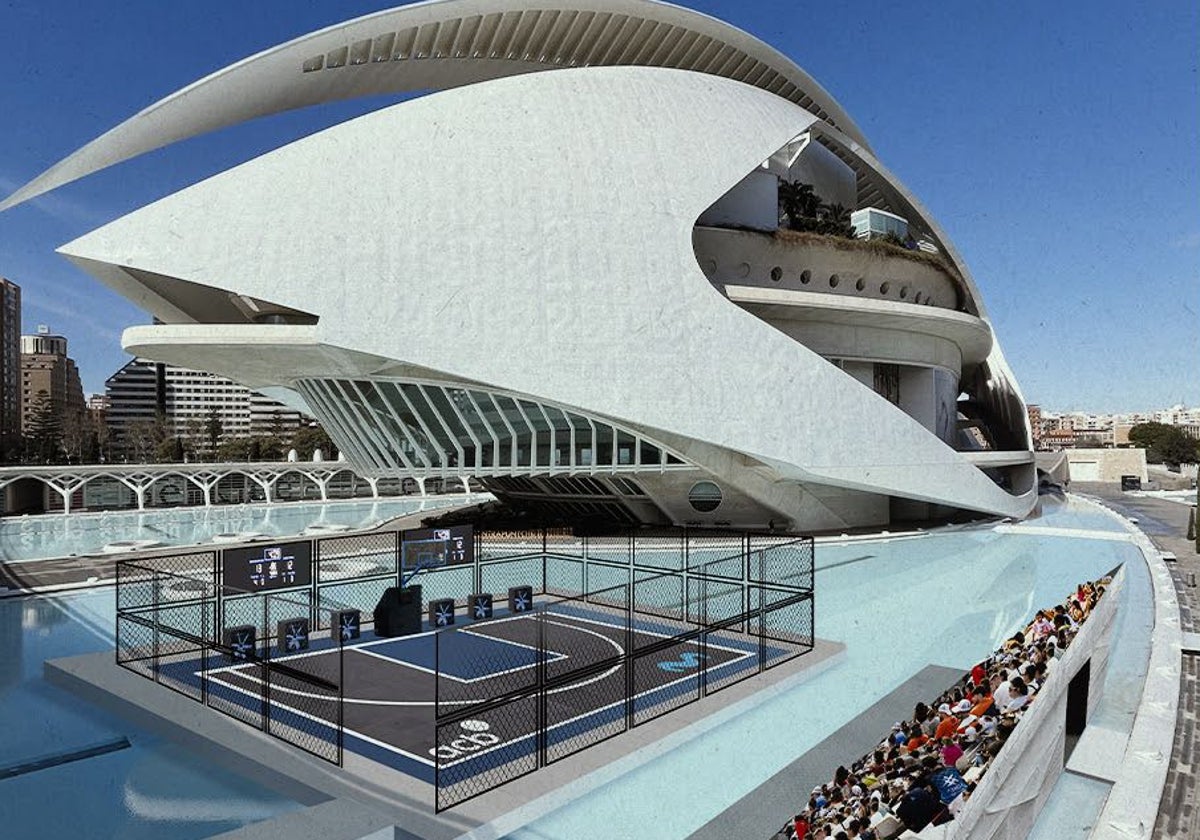 Figuración de la pista de La Jaula 3x3 sobre el lago de la Ciudad de Las Artes y las Ciencias.