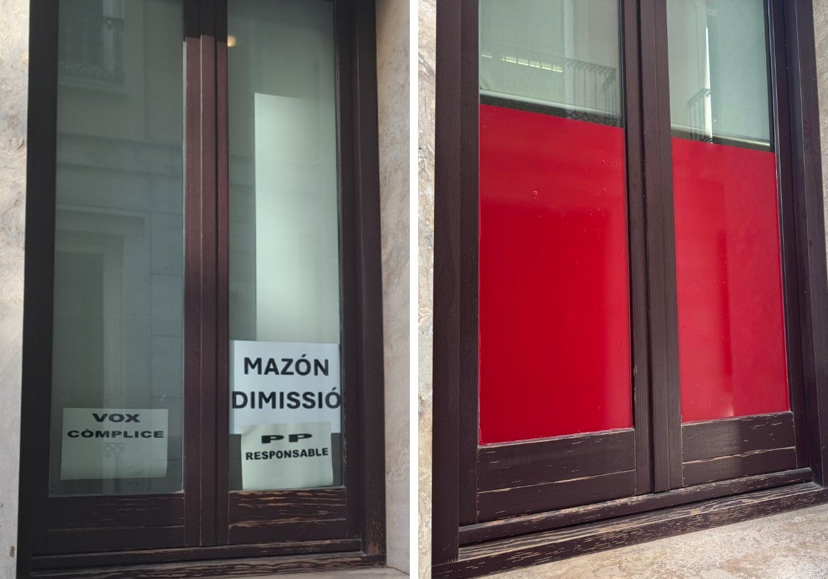 Les Corts tapa las ventanas de las oficinas donde Compromís pega carteles de 'Mazón dimisión'