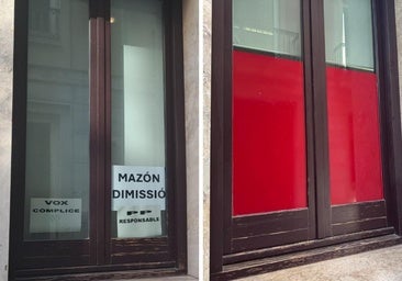 Les Corts tapa las ventanas de las oficinas donde Compromís pega carteles de 'Mazón dimisión'