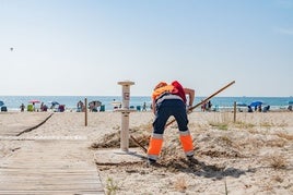 Un trabajador en una playa de Sagunto.