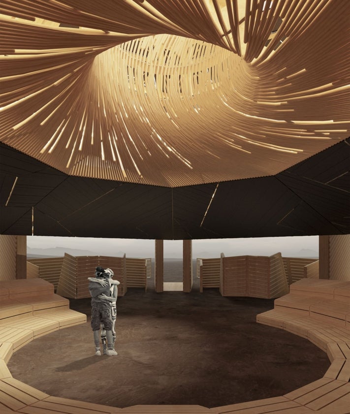 Imagen secundaria 2 - Miguel Arraiz, en el Burning Man de 2016; también con la pieza inspirada en la Lonja que llevaron al desierto; y recreación del interior de vareta que hará la saga García para Arraiz en el templo de 2025.