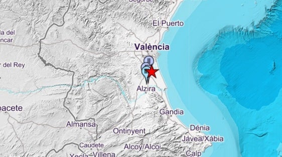 Epicentro del seísmo registrado en Almussafes y lugares en los que la población lo ha sentido.