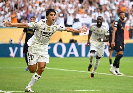 Gonzalo celebra el único gol del Madrid ante la Juve.