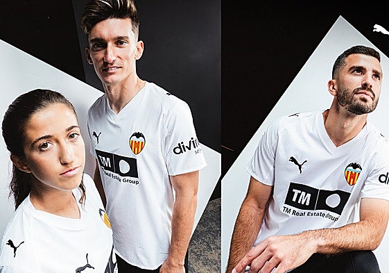 Marina Martí, Pepelu y Gayà con la nueva primera equipación del Valencia.
