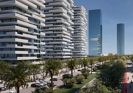 Recreación del futuro edificio, al fondo de la imagen.
