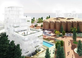 Recreación virtual del nuevo barrio con las bodegas al fondo.