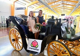 Las falleras mayores de Valencia 2025, Berta Peiró García y Lucía García Rivera, en su visita a la exposición de las calesas en Mercaflor.