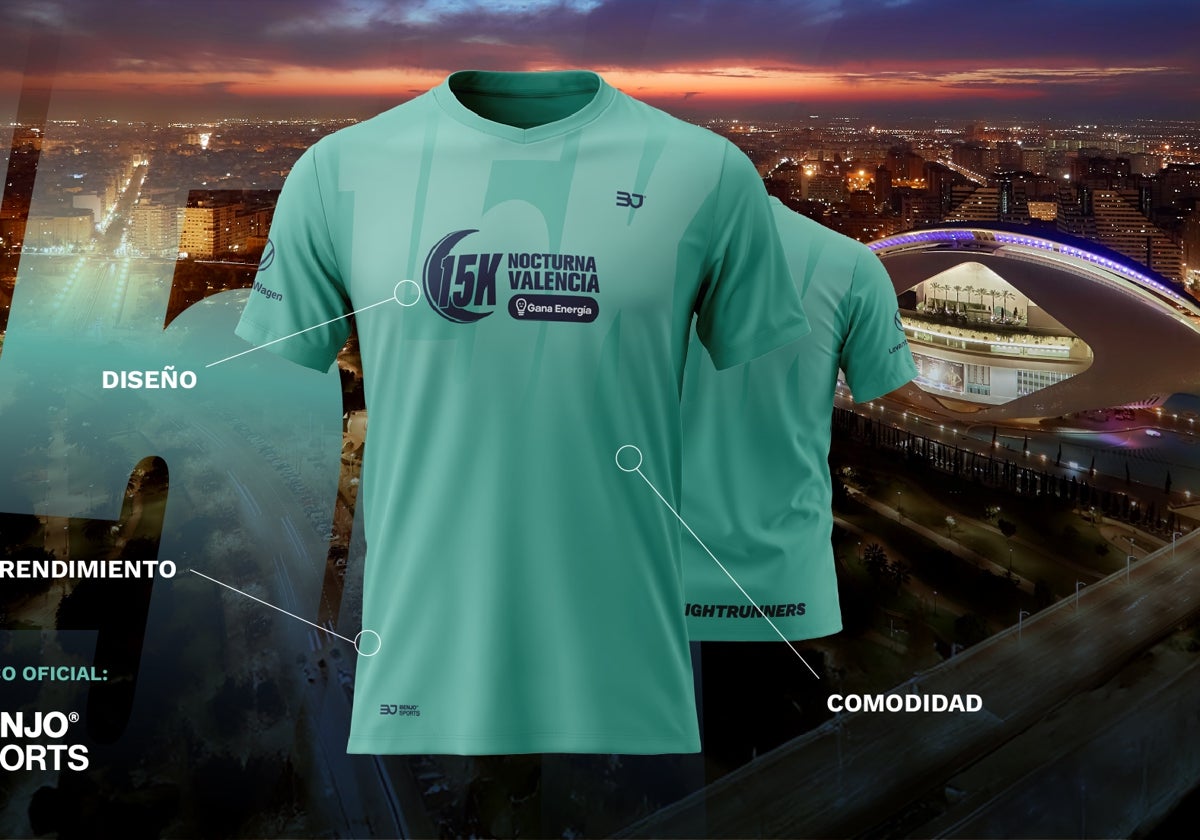 La camiseta oficial para la 15K Nocturna Valencia 2025.