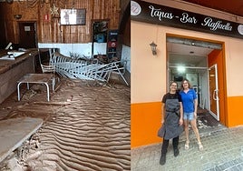 El bar que regentaban Elu y Nidia, tras el paso de la dana y, a la derecha, las hermanas en su nuevo negocio en Campanar.