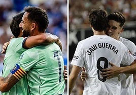 Jugadores de Levante y Valencia celebrando goles.