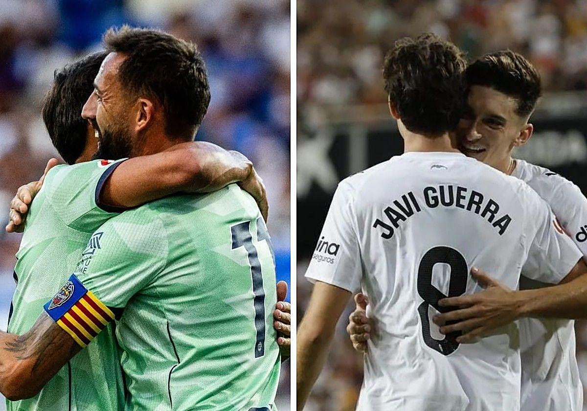 Jugadores de Levante y Valencia celebrando goles.