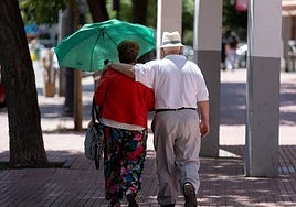 Una pareja de personas mayores pasea por un parque.