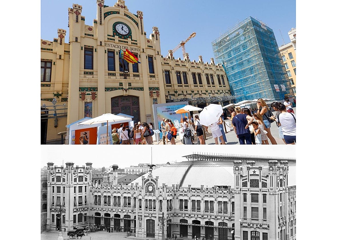 Imagen principal - Pasado y presente de la Estación del Norte de Valencia.