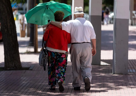Una pareja de personas mayores pasea por un parque.