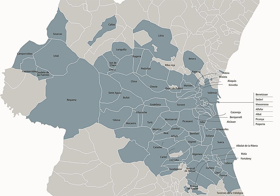 Mapa de los 75 municipiios que reciben ayudas estatales por la dana.