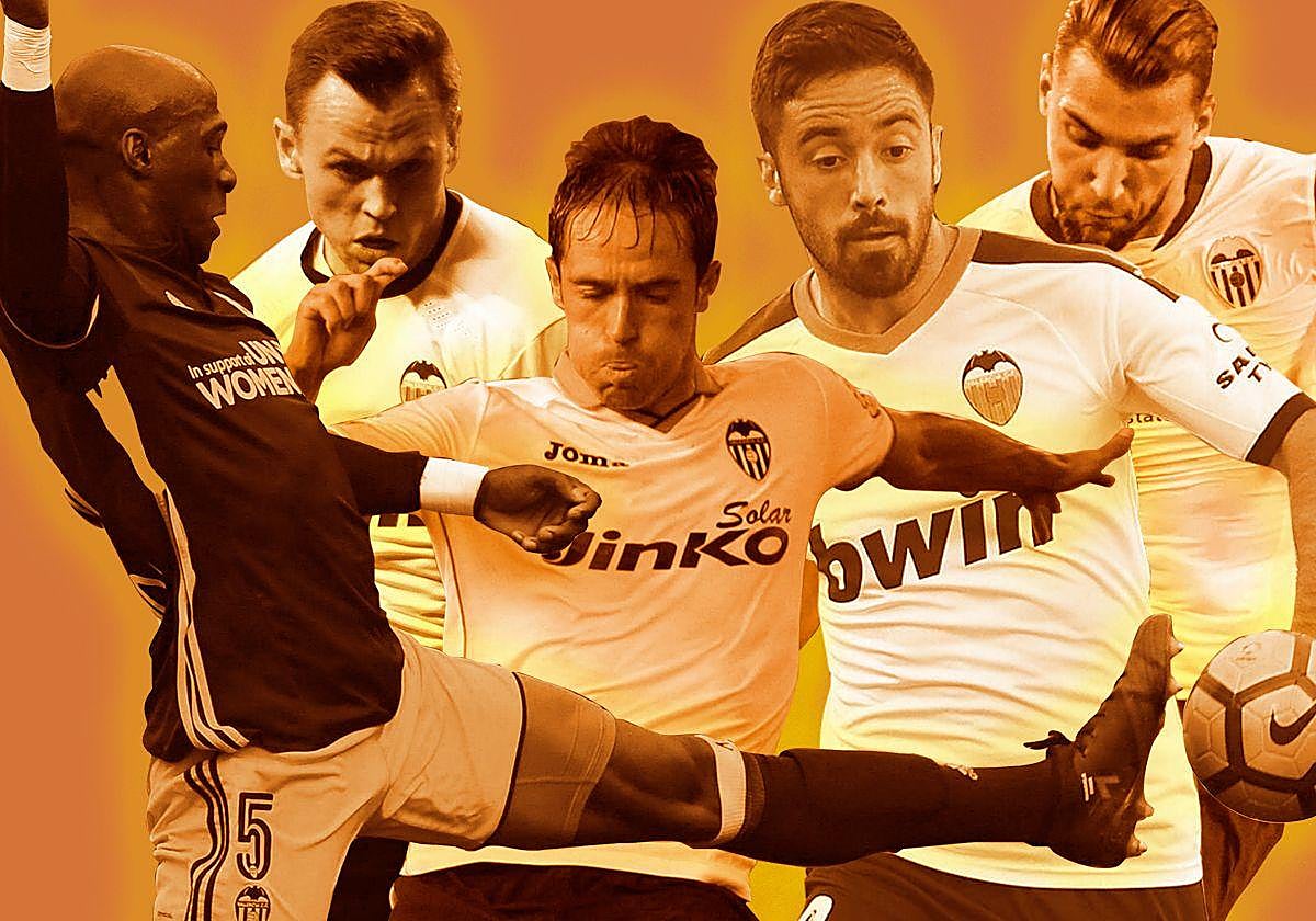 Eliaquim Mangala, Denis Cheryshev, Míchel Herrero, Jaume Costa y Rafa Mir, con el Valencia.