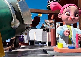 Escena de una falla, con una niña científica.