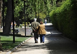 Una pareja de pensionistas pasea por un parque, en una imagen de archivo.