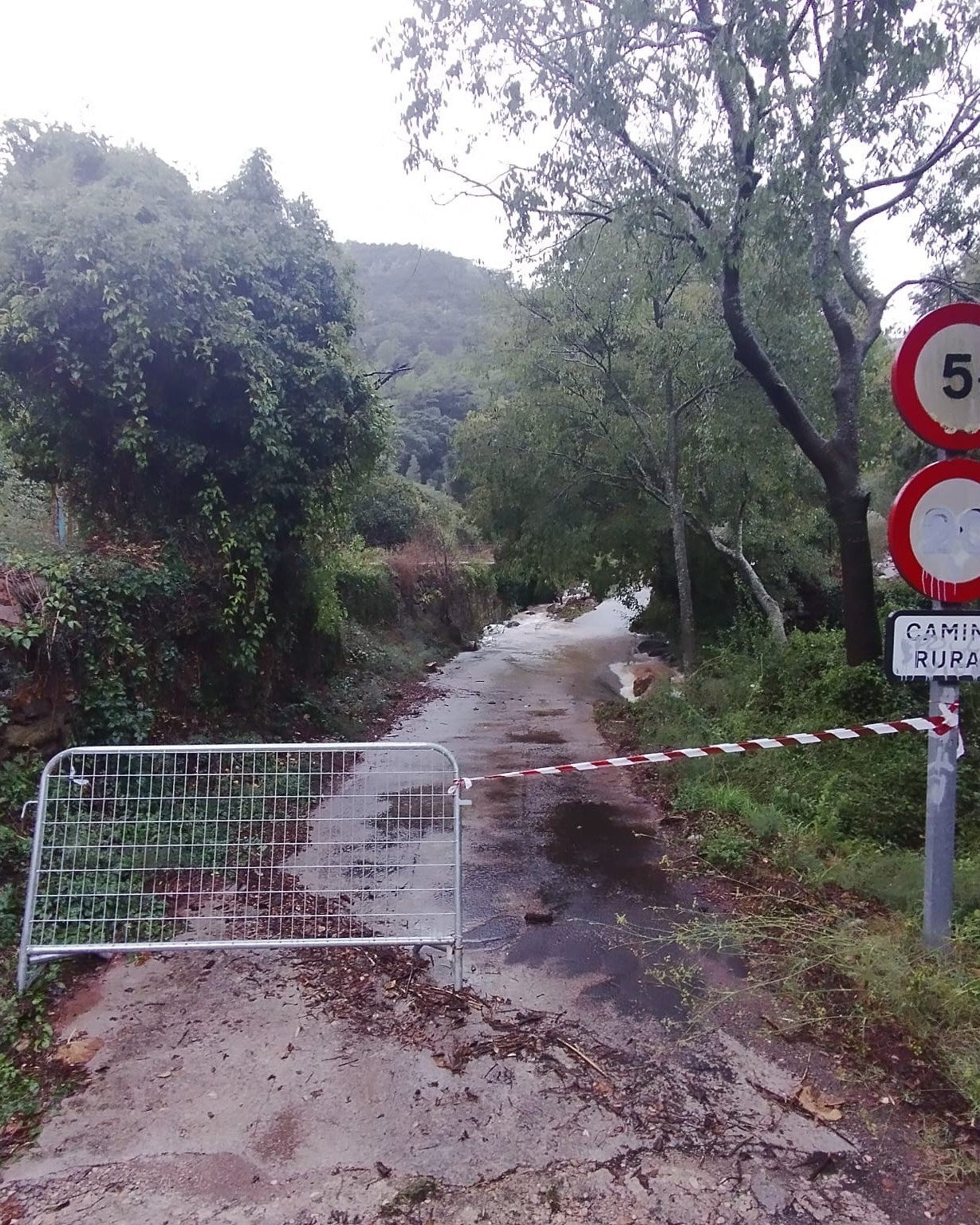 Camino rural cortado, por intransitable, en Eslida.