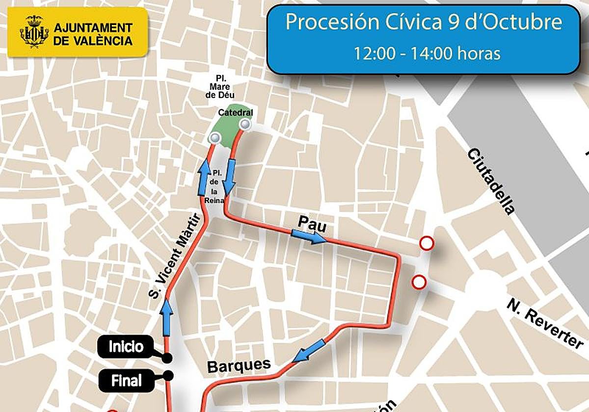 Recorrido de la Procesión Cívica del 9 d'Octubre.