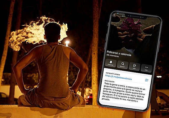 Un joven pandillero, en un parque de Valencia, junto al grupo de Telegram que organiza quedadas para pegarse.