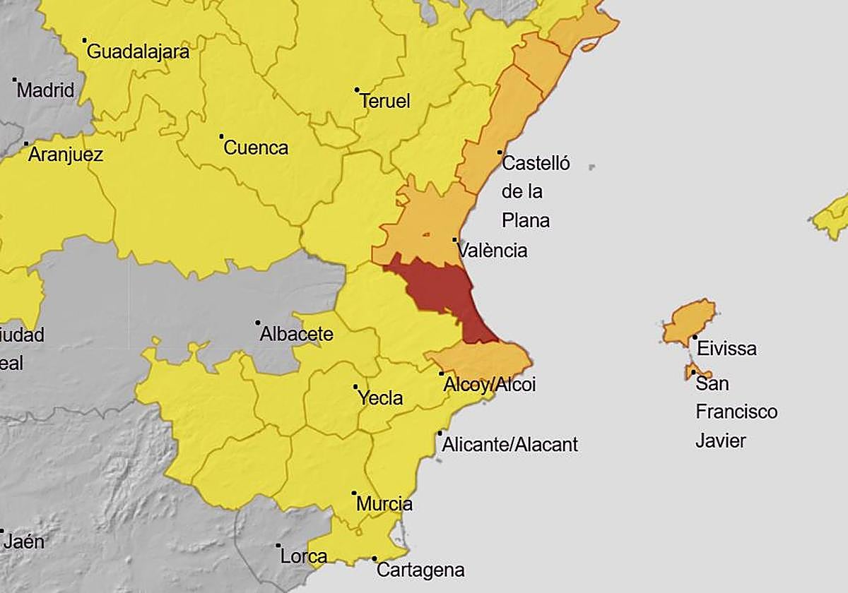 Aemet amplía el aviso rojo en el sur de Valencia hasta medianoche y advierte de un «peligro extraordinario»