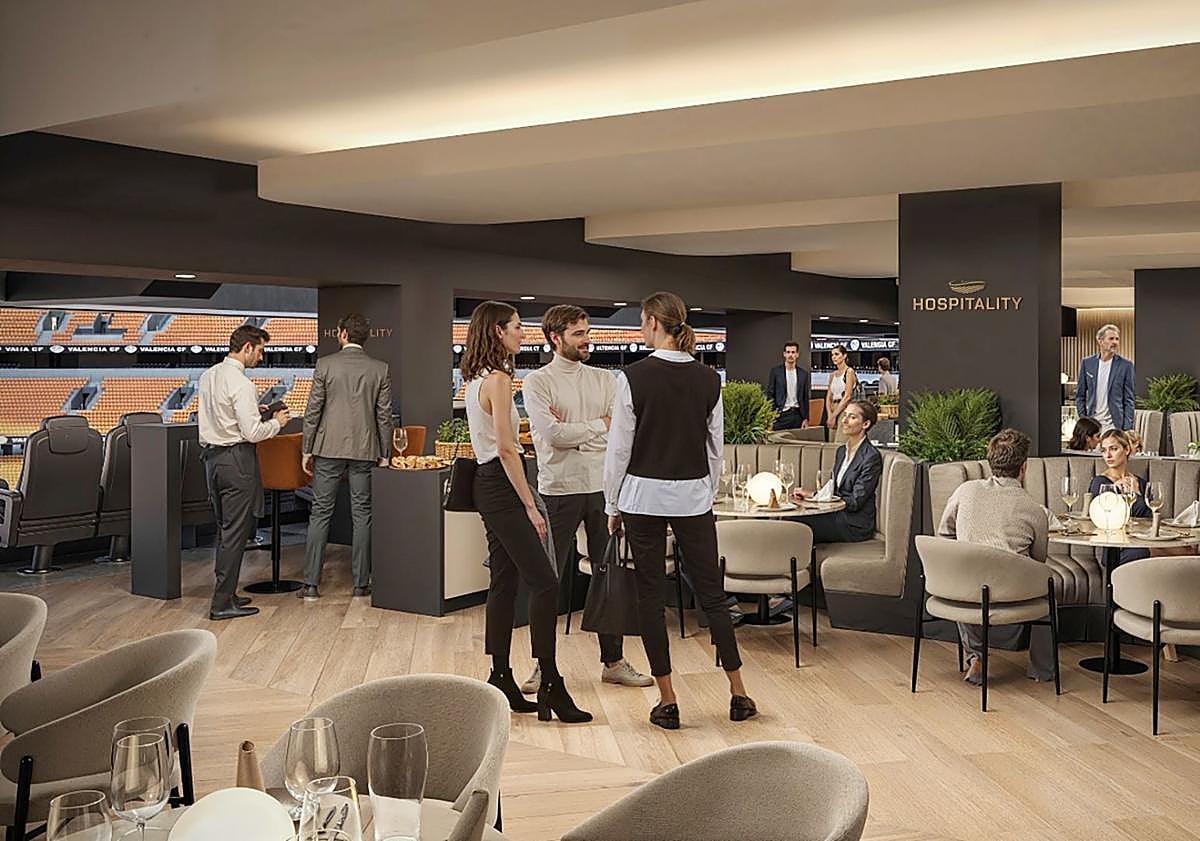 Imagen principal - Recreaciones virtuales del futuro Nou Mestalla y sus zonas de hospitality.