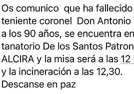 Mensaje falso que circuló en 2022 y que ya difundió la falsa muerte de Antonio Tejero.