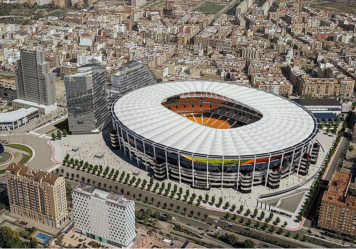 Vista aérea de la recreación del Nou Mestalla.